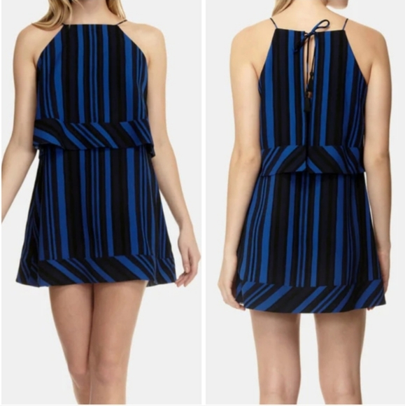 Nwt Cooper & Ella Callie Blue & Black Dress Peephole Back Tassel Tie Tiered Mini - Picture 1 of 7